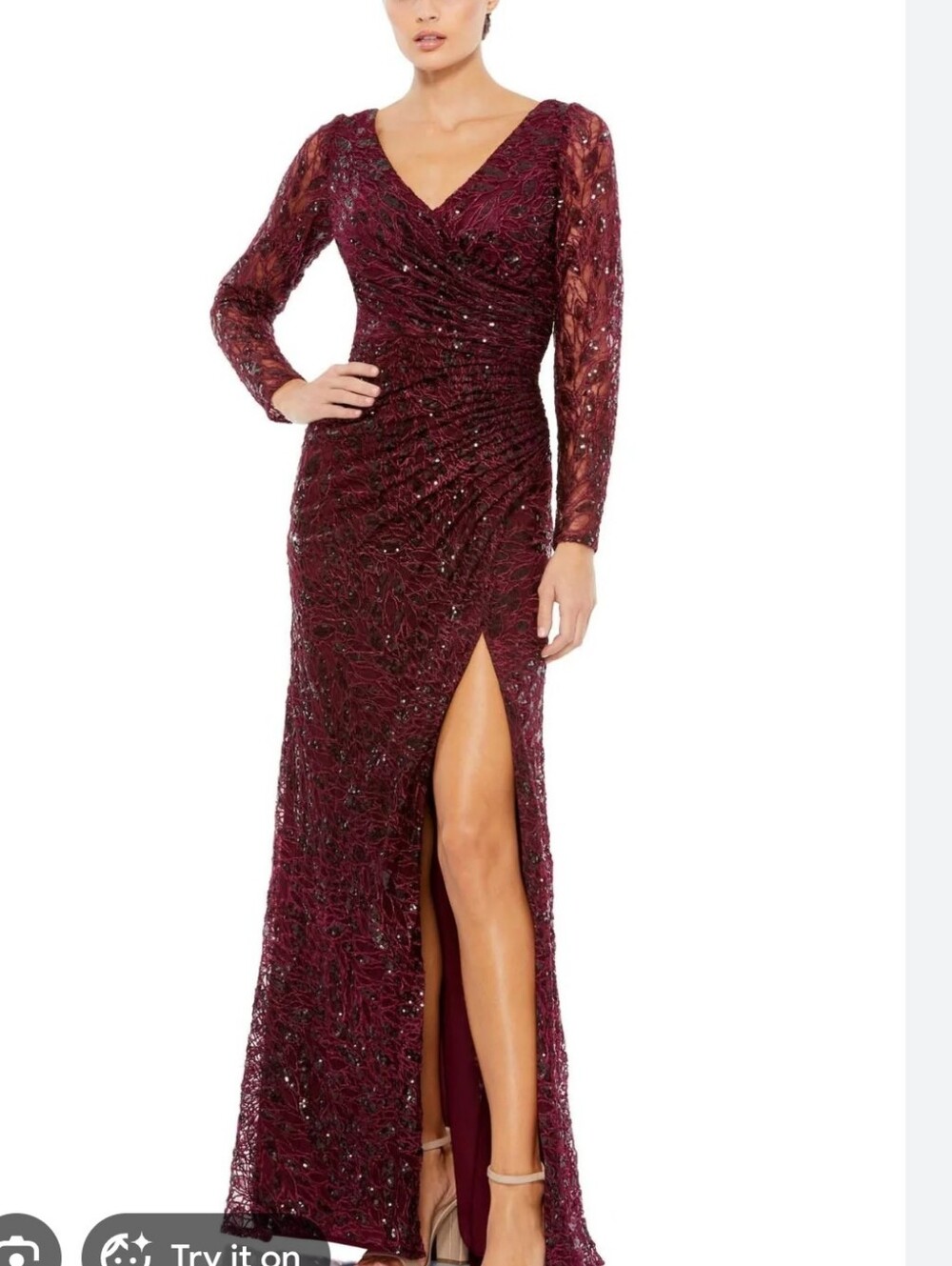 NWT $698 Mac Duggal Long Sleeves V Neckline Sequined Gown